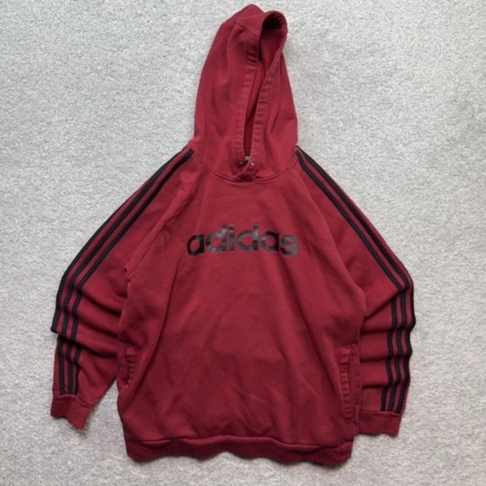 adidas Hoodie Mens Fits Large Burgundy Black 3 Stripes Spellout Pullover Sweater